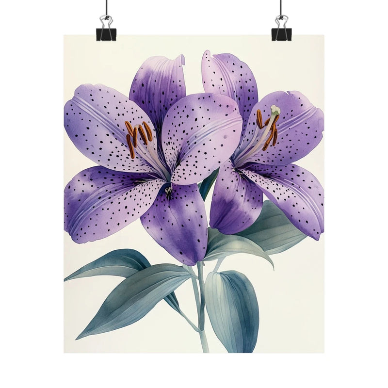 Purple tiger lily flower art print poster with speckled petals and teal leaves