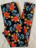 Lularoe Leggings OS Orange Blue Yellow Sunflowers Daisies On Black Sunflower
