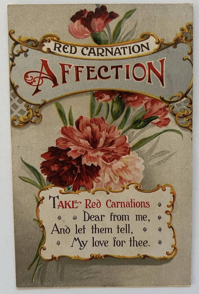 Red Carnation Affection Floral Poem Romantic Greeting Postcard 1909 Carnation