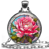 Vibrant Pink Peony Flower Bloom Gift Necklace 24" Faux Stained Glass Art Print Peony
