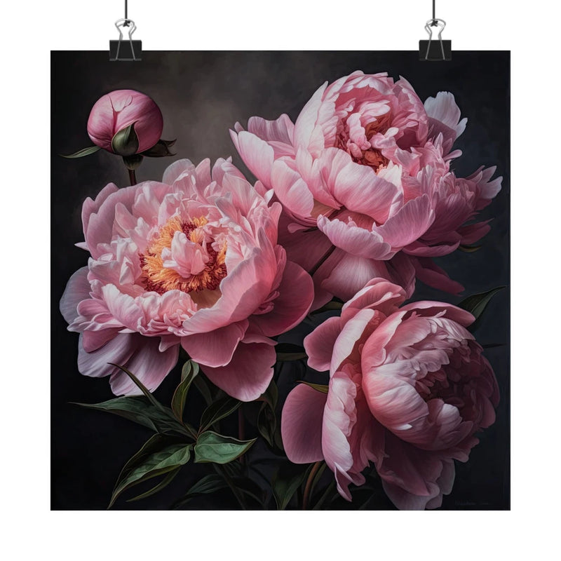 Rectangular art print of pink peony flowers with layered petals and green leaves