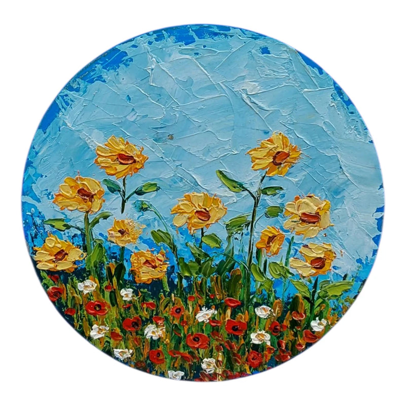 Sunflowers Original Circle Painting Wildflowers Handmade Wall Art OOAK Sunflower