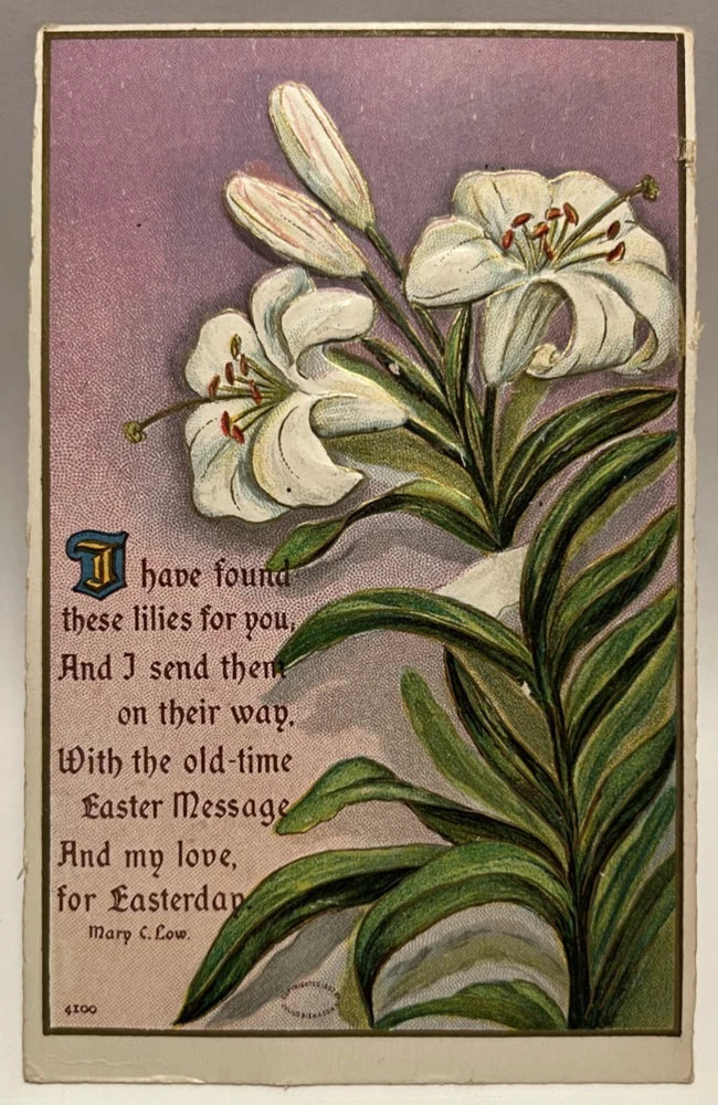 Vintage Easter postcard with white lilies and printed poem
