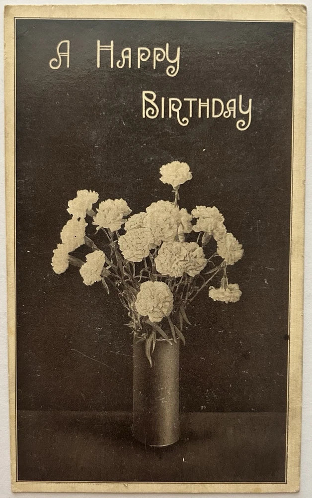 Antique Happy Birthday postcard with vase of white carnation flowers