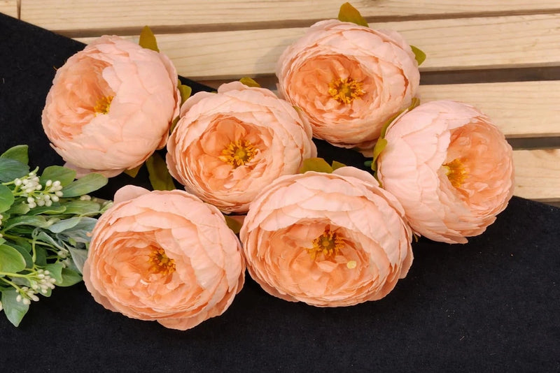 Artificial pink peony flowers, six blooms with green leaves and small white filler