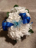 NEW 5" Artificial White Rose Wrist Corsage W/Blue Butterfly, Royal Blue Bow Bout Bouquet