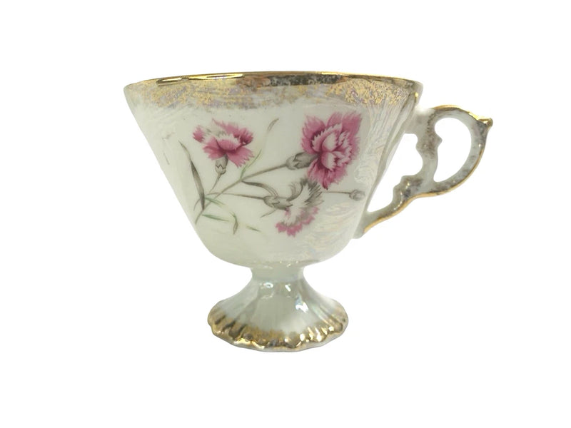 Vintage Teacup Fine China Pearlescent Finish Gold Gilded Carnation Floral Footed Carnation