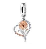 GRANDMA CARNATION FLOWER HEART CHARM GENUINE __ 925 STERLING SILVER GIFT Carnation