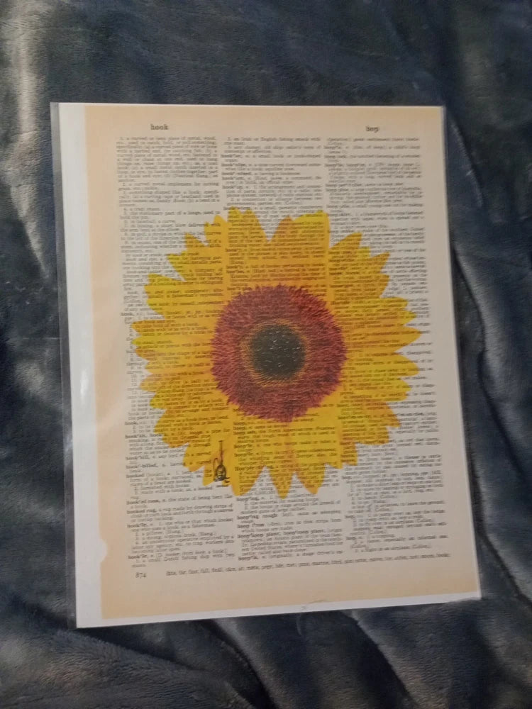 Sunflower dictionary page art print with yellow flower and dark center