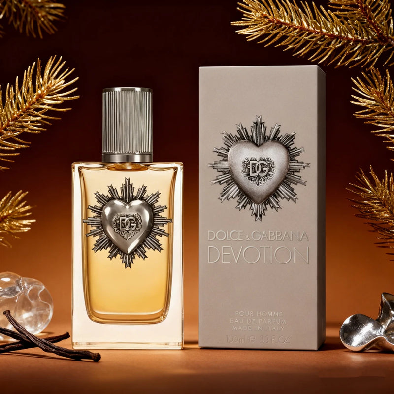 Dolce&Gabbana Devotion men's eau de parfum, gold bottle with ribbed metal cap and box