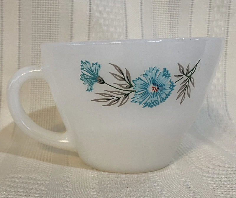 Single Vintage Fire King Bonnie Blue Carnation Flower Coffee Tea Cup Milk Glass Carnation