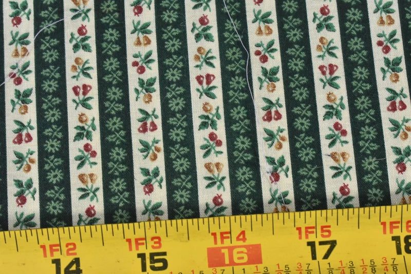 By 1/2 Yd, Vintage, Green & Cream Floral Stripe Cotton, Cranston, B1725 Flowering Plants