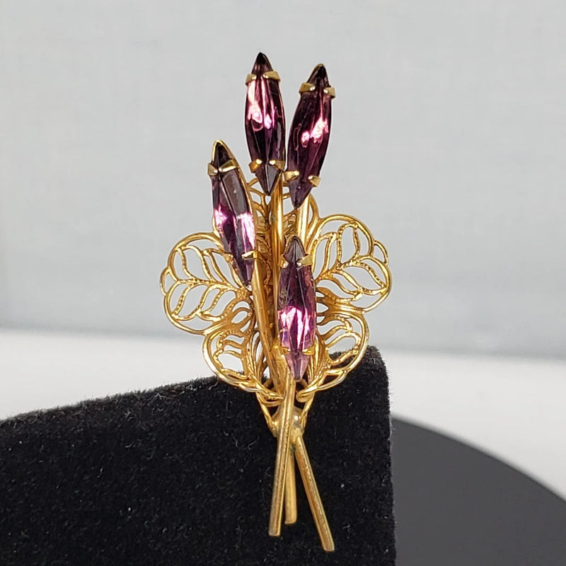 Vintage Gold Tone Purple Glass Rhinestones Calla Lily Flower Filigree Brooch Lily