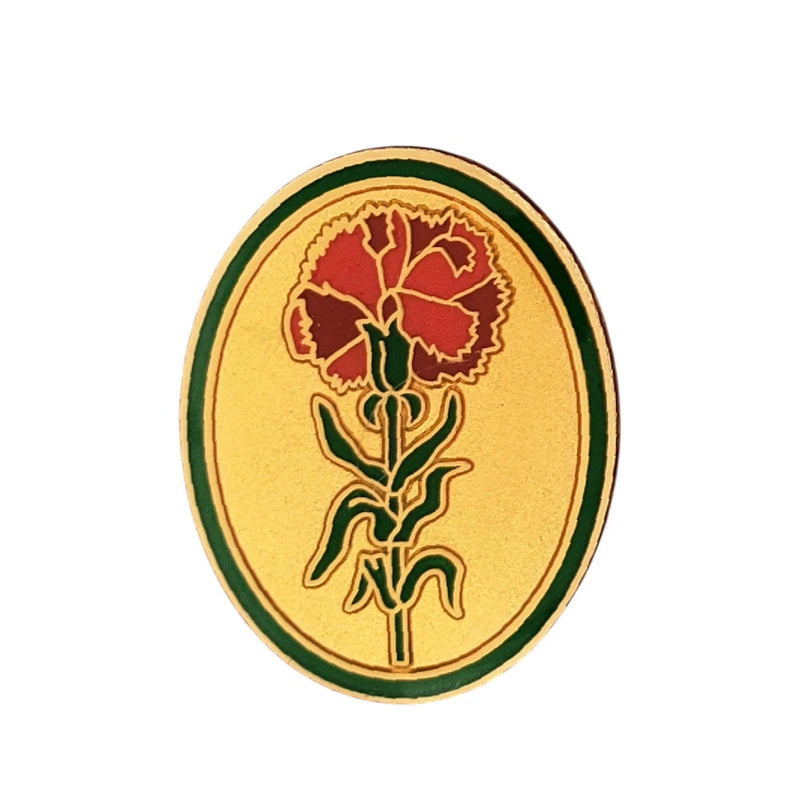 Oval floral lapel pin, gold-tone enamel with red carnation and green border
