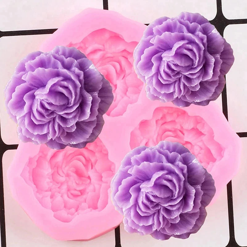Peony flower silicone mold with four peony flower cavities in purple and pink