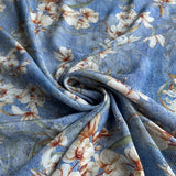 100% Silk 14 Momme 100% Mulberry Silk Crepe Fabric Blue Floral 53" wide  JN015 Flowering Plants