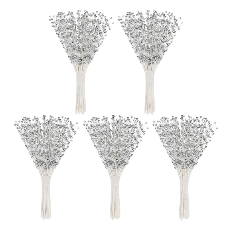 50 Pcs 4mm Pearl String Bouquet Pearl Stick Stems Bouquets Garland Spray, Silver Bouquet