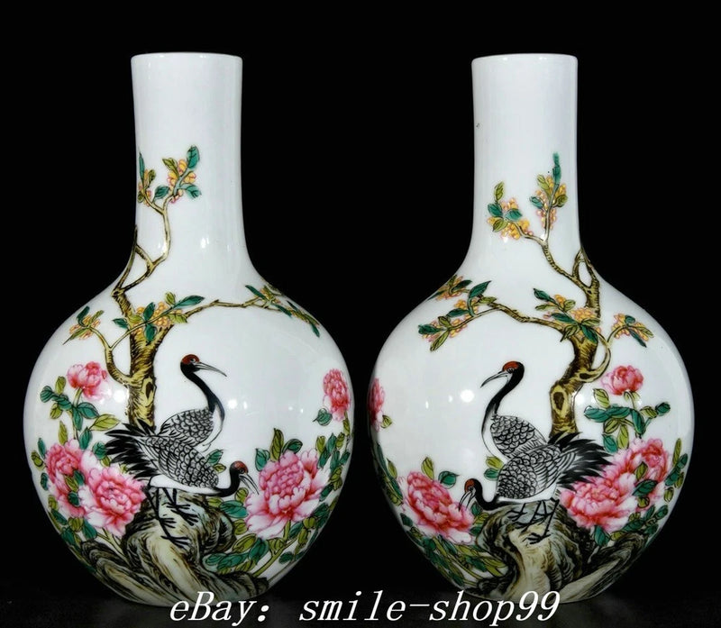 9.6" Yongzheng Enamel Colour Porcelain Crane Peony Flower Bird Bottle Vase Pair Peony
