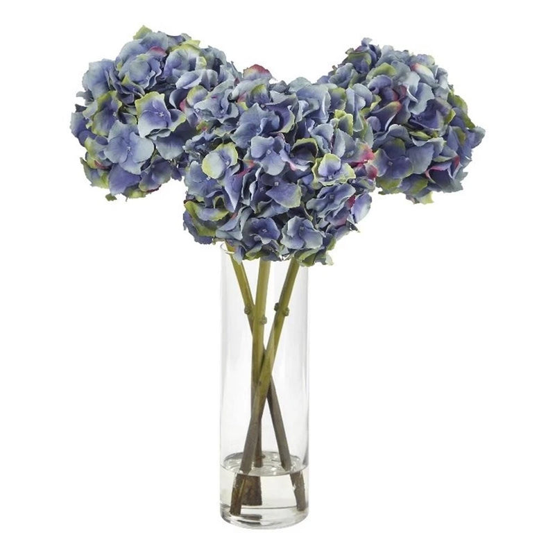 Nearly Natural 18" Hydrangea Artificial Arrangement in Glass Vase in Blue Hydrangea