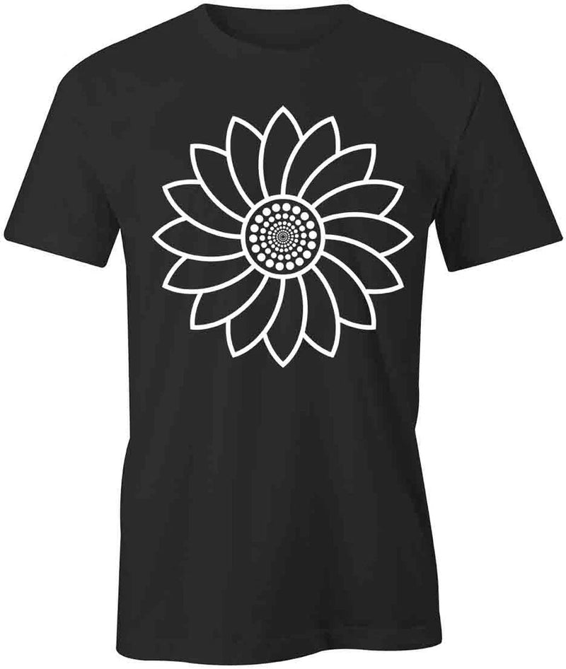 Black cotton short-sleeve T-shirt with large white sunflower line-art print