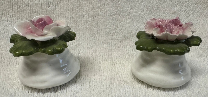 Floral bone china salt and pepper shakers with pink flower tops and green leaves