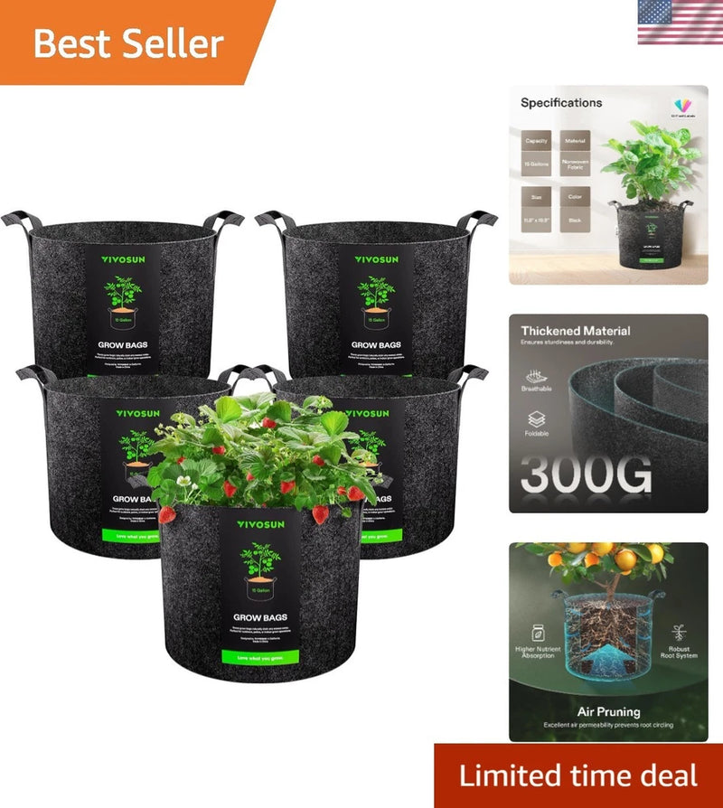 5-Pack 15 Gallon Plant Grow Bags - Heavy Duty Nonwoven Fabric with Handles, D... Garden Plants
