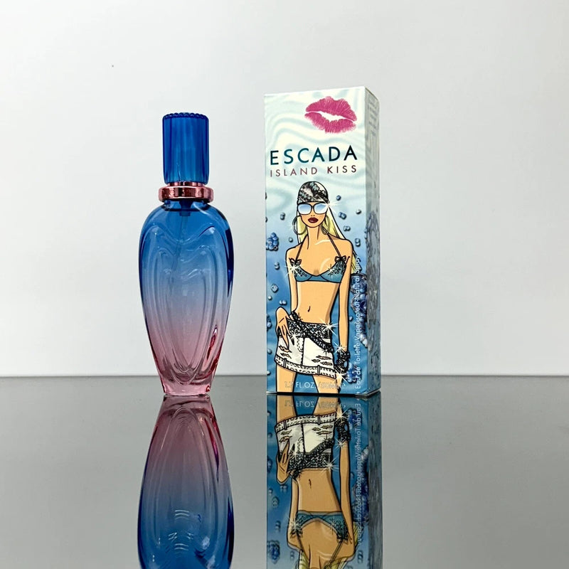 ESCADA Island Kiss EDT perfume spray bottle with blue cap and matching box