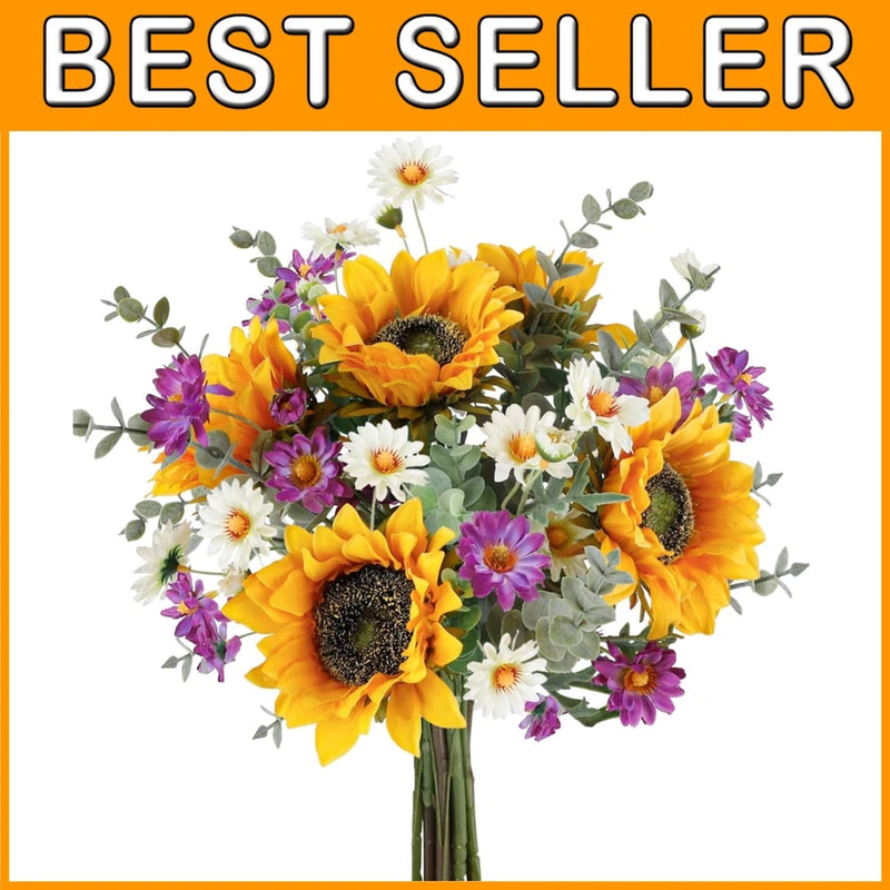 Silk sunflower bouquet with yellow blooms, purple flowers, white daisies, and green leaves