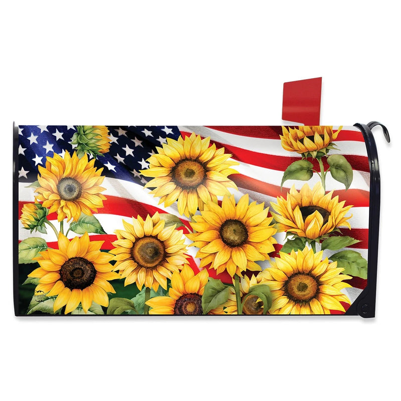 Oversized mailbox cover with yellow sunflowers over American flag stars and stripes, with black ties