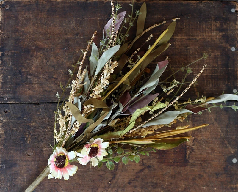 Artificial floral fall bush with sunflowers, green leaves, and small white pink blossoms
