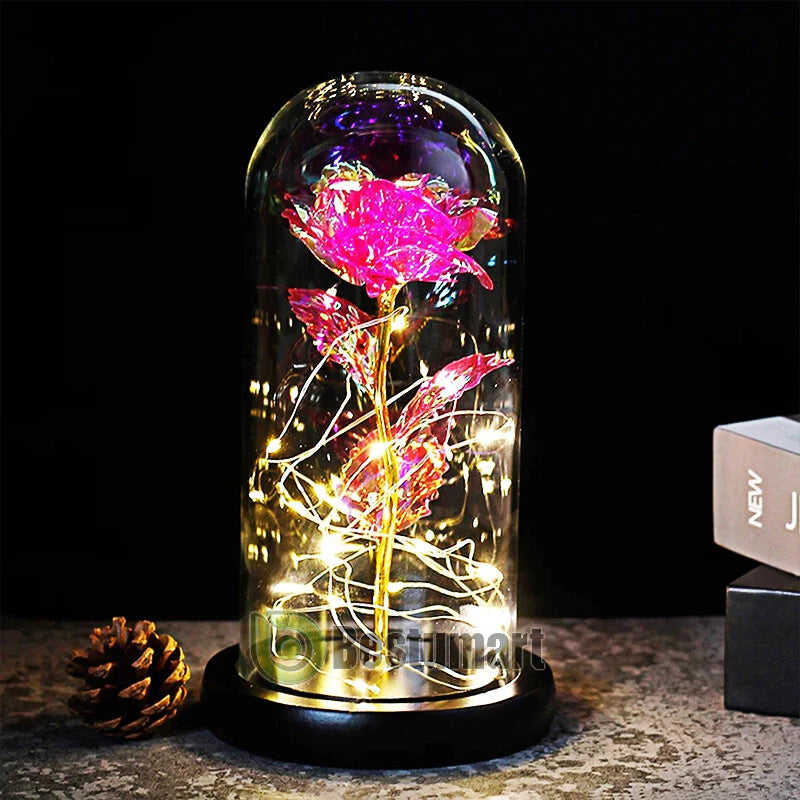 LED eternal galaxy rose under a glass dome with glowing pink petals
