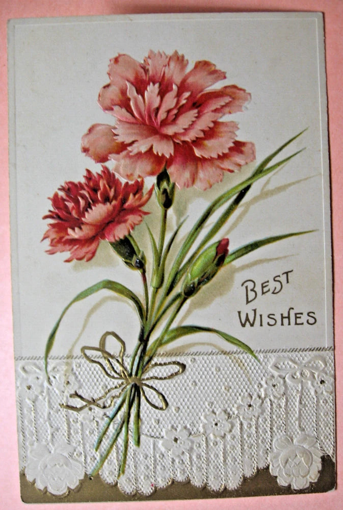 Vintage postcard with pink carnations and 'Best Wishes' text, lace border
