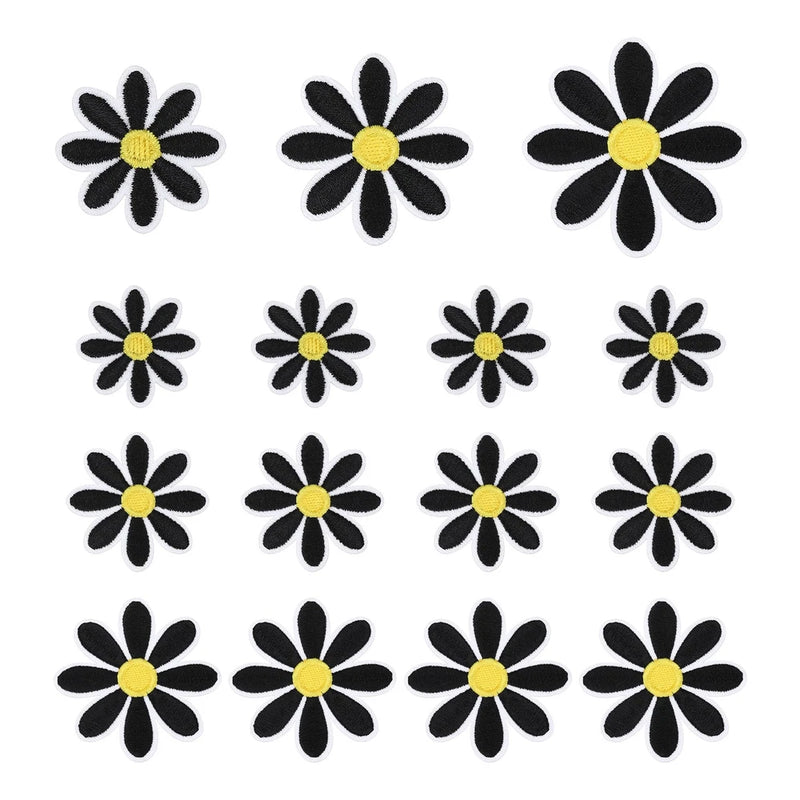 15Pcs Daisy Flower Iron-on Patches 3 Size Embroidery Applique Patch Black Daisies