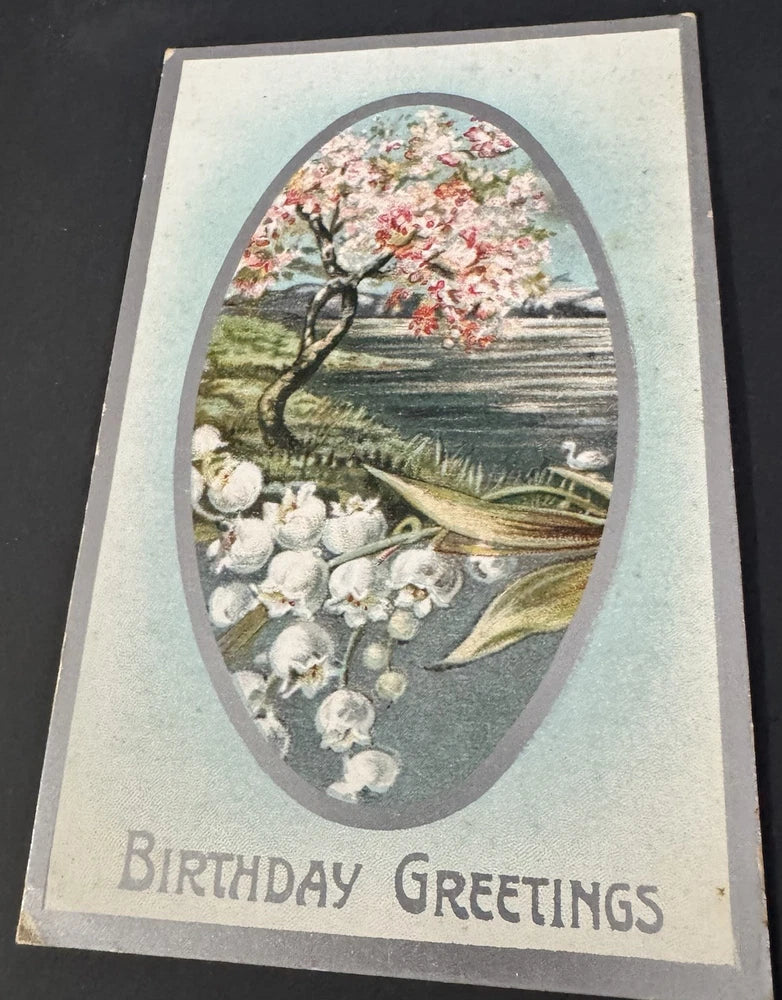 Vintage Birthday Greetings Postcard Cherry Tree by Lake Lilies Of The Valley Lily
