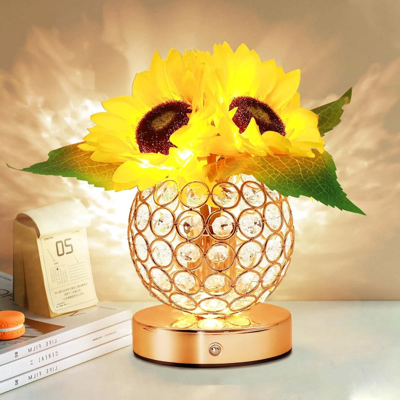 Touch sunflower table lamp with golden metal base and glass circle shade