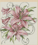 Counted cross stitch chart with pink lilies, green leaves, and vine motifs on a grid