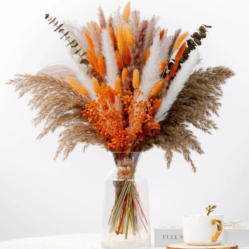 120Pcs Orange Dried Pampas Grass Bouquet, 17'' Natural Baby's Breath, Bunny Tail Pampas Grass