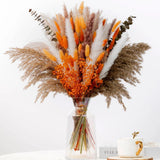 120Pcs Orange Dried Pampas Grass Bouquet, 17'' Natural Baby's Breath, Bunny Tail Pampas Grass