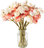 18 Pcs Artificial Silk Rose Flowers Ranunculus Bouquet Fake Pink Peony for Home Ranunculus