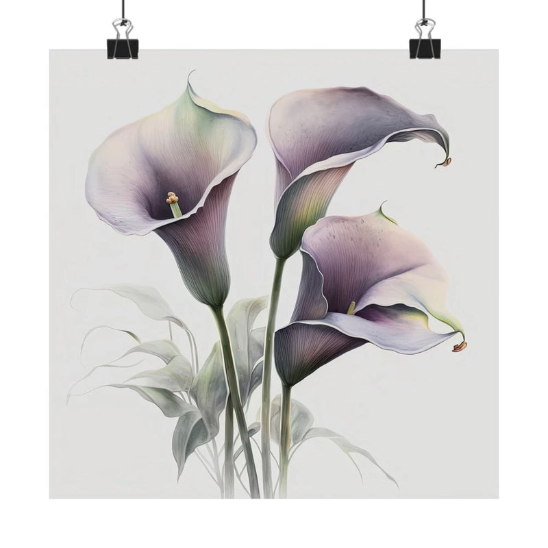 Lavender calla lily flower art print with three elegant purple blooms and green stems