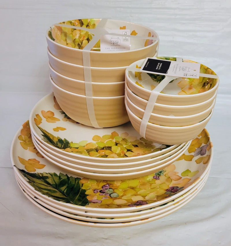 Rachel Ashwell Farmhouse Melamine Yellow Hydrangea Set Of 16 Dinner Salad Plates Hydrangea