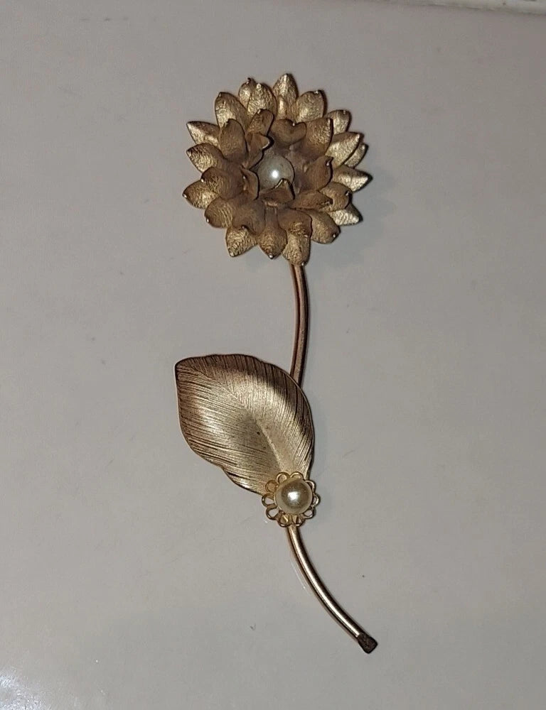 Vintage Goldtone & Pearl Peony Flower with Stem Brooch Pin Long 5" B + Box Peony
