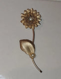 Vintage Goldtone & Pearl Peony Flower with Stem Brooch Pin Long 5" B + Box Peony