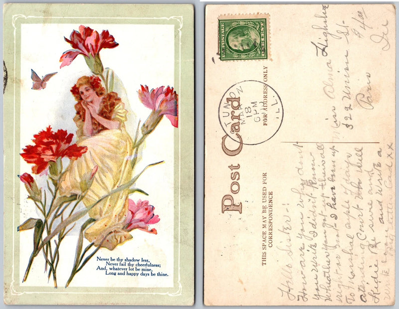 Vintage postcard featuring a carnation flower fairy with red blossoms, and a stamped back.
