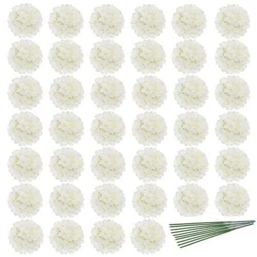40pcs Artificial Hydrangea Silk Flower Heads with Stems, Fake Flowers White Hydrangea