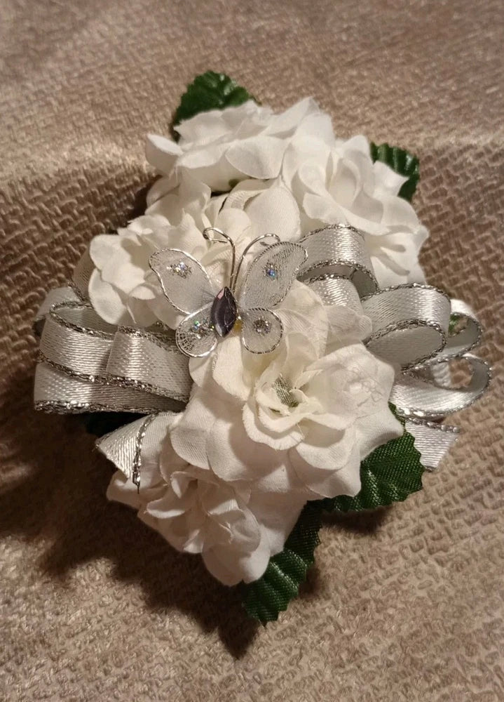 NEW 5" Artificial White Rose Wrist Corsage W/White Butterfly Silver Bow, Bout Bouquet