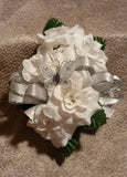 NEW 5" Artificial White Rose Wrist Corsage W/White Butterfly Silver Bow, Bout Bouquet