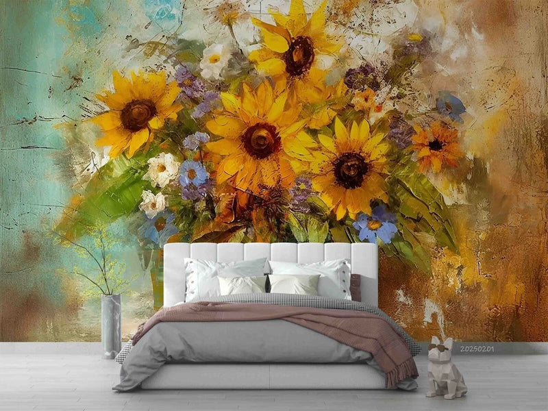 3D Sunflower Flower Oil Painting Self-adhesive Removable Wallpaper Murals 16 Sunflower
