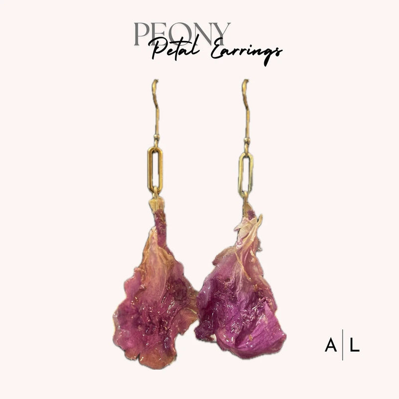 Pink peony flower petal earrings with gold drop hooks