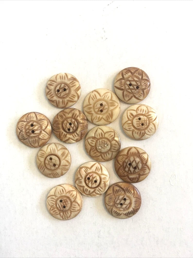 Set of 12 round brown carved bone-style 2-hole buttons, sunflower floral engravings
